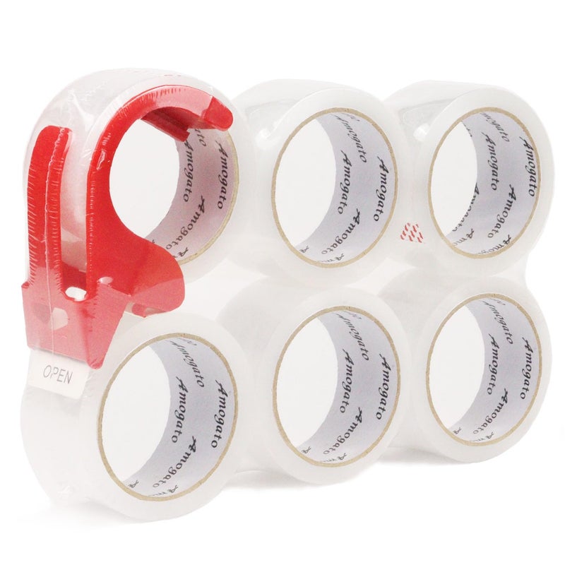 AMOGATO Clear Packing Tape with Tape Gun - Strong Adhesive, Ideal for Shipping and Packaging,6 Rolls 2 Inch X 110 Yards Shipping Packaging Tape - Image 1